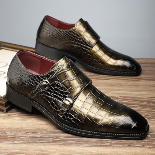 Santimon Men's Crocodile Print Double Monk Strap Dress Shoes Leather Formal Business Buckle Loafers3