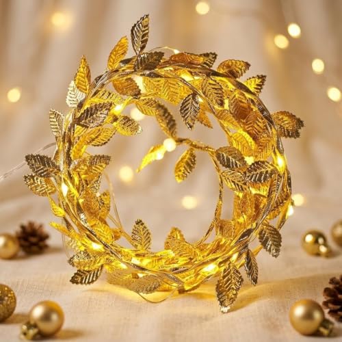HHMTAKA Guirlande lumineuse de 5 m avec 50 LED à piles - Blanc chaud - Pour maison, cuisine, jardin, bureau, mariage - Décoration murale (doré)