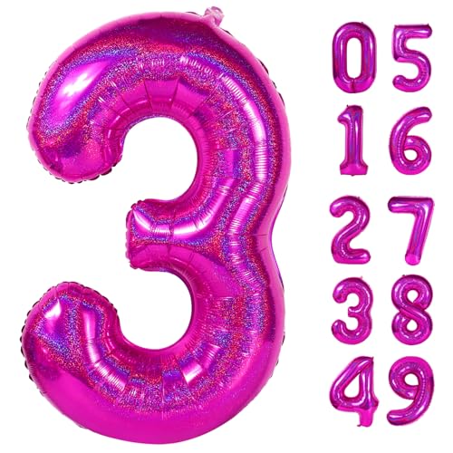 Image of Laser Hot Pink 3 Balloon, Number Balloons 40 Inch, 3rd Birthday Decorations Women Party Supplies for Party Decorations, Number 3 Balloon