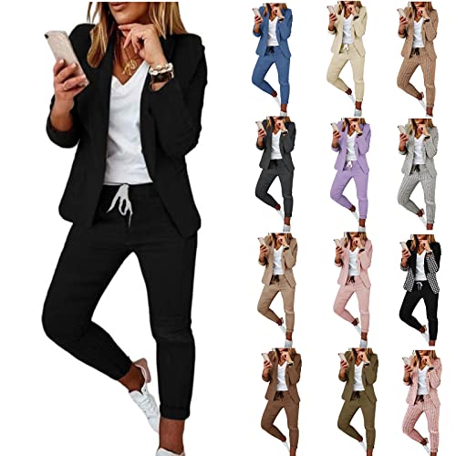 Womens 2 Piece Solid Plaid Long Sleeve Blazer And Pants Casual Lapels Coat Slim Fit Business Office Suit Set Clothing B-Black #TOP1