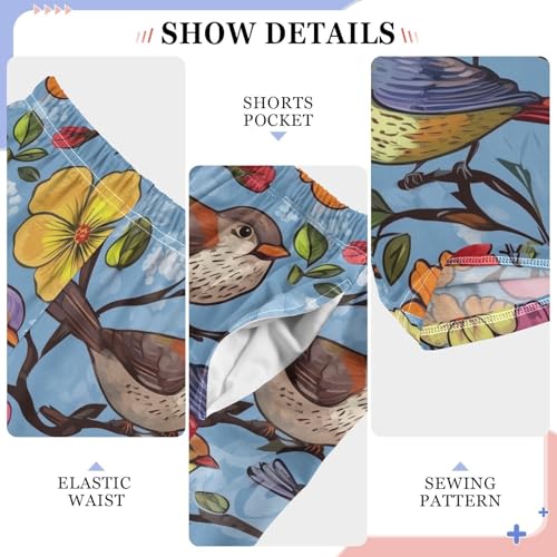 Colorful Flowers Birds Boys Long Pants Soft Trousers Elastic Waist Kids Lounge Bottoms with Pockets S-XL4