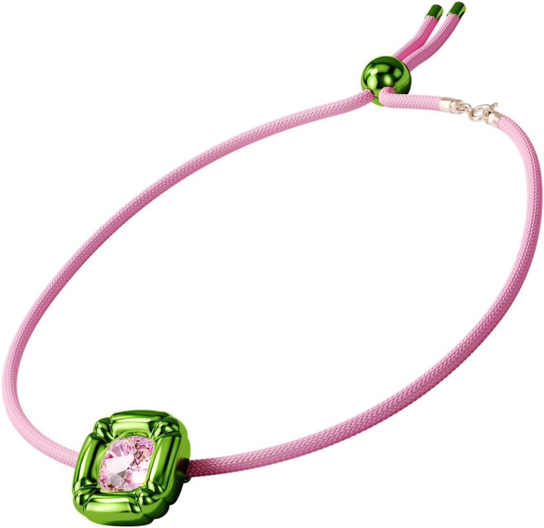 Swarovski Dulcis Necklace, Single Pink Crystal in a Bright Green Setting on a Braided Cord, part of the Dulcis Collection