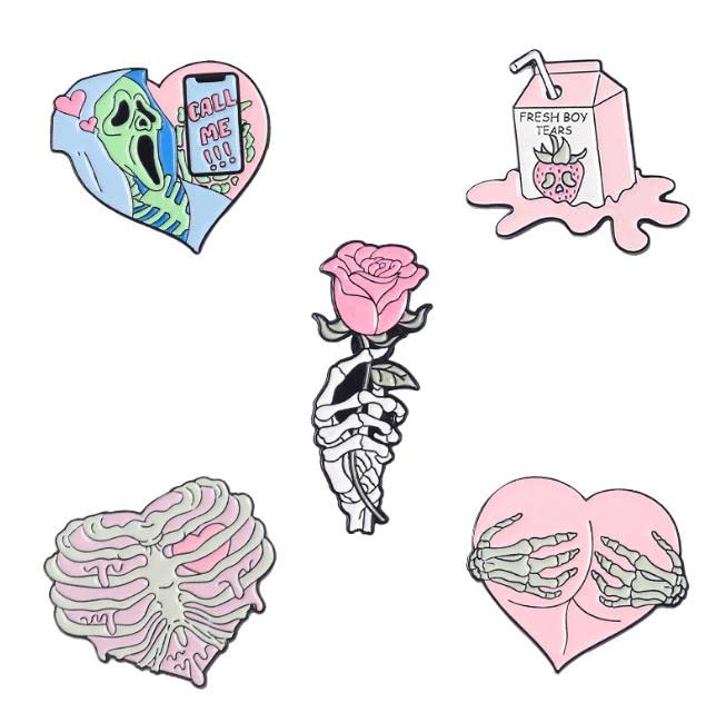 Pink Punk Enamel Pins 5Pcs Rib Skeleton Heart Hug Heart Flowers Brooches Lapel Badges Gothic Brooches Fun Jewelry Gift for Friends Hat Clothes Decorations