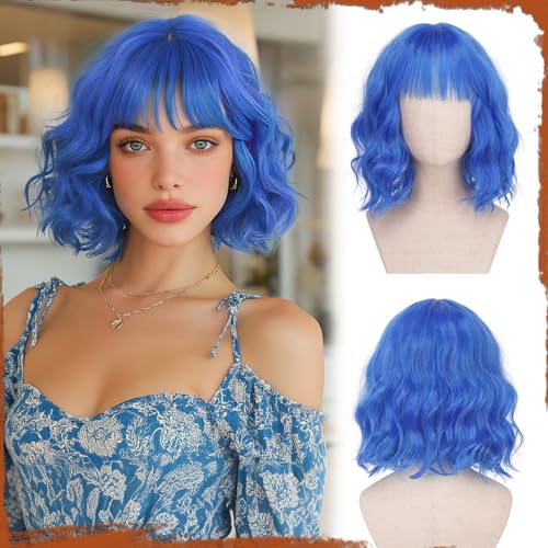 Sofeiyan Perruque courte ondulée Bob avec frange Femmes 30 cm Bleu sorcière Perruque synthétique pour femmes Perruque naturelle bouclée pour cosplay...