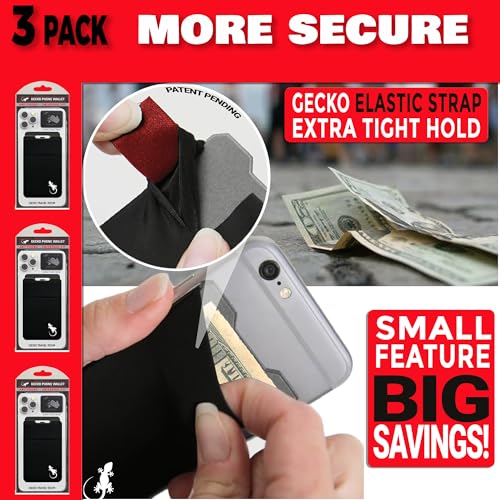 Image of Gecko Travel Tech Double Pocket - Adhesive Card Holder - Cell Phone Pouch - Stick on Lycra Pocket - Carry Credit Cards and Cash (3 PACK - BLACK WHITE)