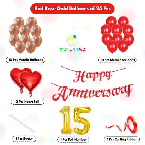 Image of Flyloons 15th Happy Anniversary Decoration Items Red Rose Gold for Men Women Husband Wife Mom Dad Parent Couple Home Bedroom Car With 20 Pcs Metallic Balloons Anniversary Banner 2 Pcs Heart Set Kit
