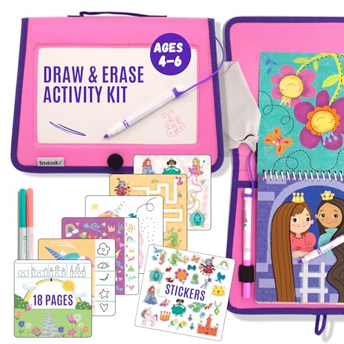 Image of Totebook Kids Travel Activity Kit with Tethered Dry Erase Markers - Mess Free Car & Plane Activities for Toddlers Ages 4-6, Reusable Stickers, Mazes, Search and Find (Princess Theme)