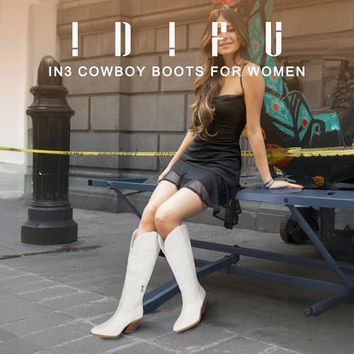 IDIFU IN3 Sparkly Cowboy Cowgirl Boots for Women Knee High Tall Long Glitter Dress Low Chunky Block Heel Sequin Sparkle Wedding Party Date Bride Ladies Bling Shiny Boots2