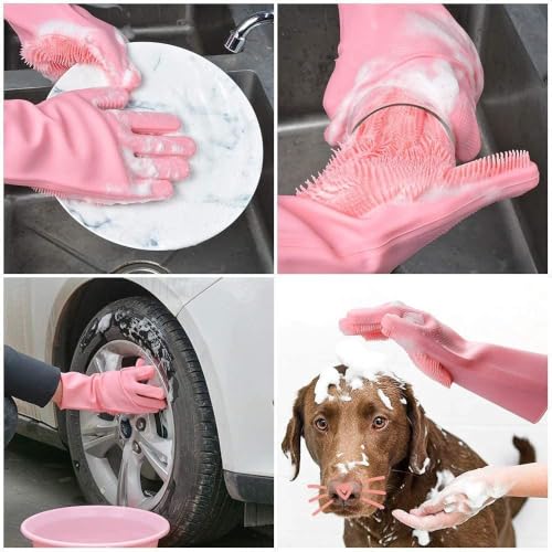 Image of Magic Silicone Dishwashing Gloves with Scrubber Bristles Pink
