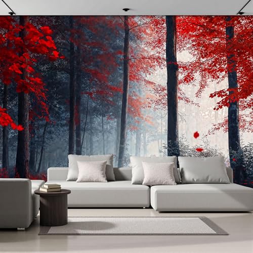 Fotomurales Decorativos Pared 3D, En Otoño El Bosque De Arces Rojos Paisaje Retro Póster Papel Tapiz Decorativos Murales Impresión HD Ecológica Foto Artísticos Sofá Pintura, 300Anx210Al cm