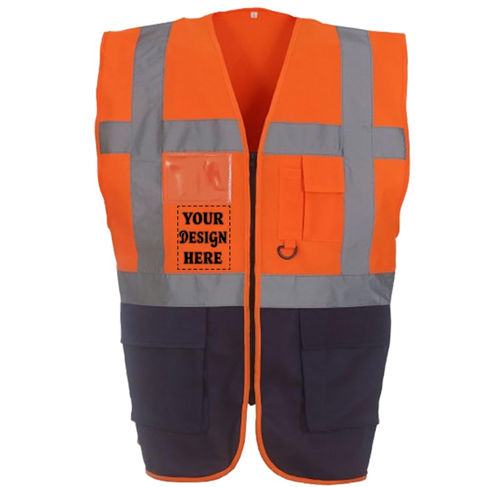D&T Personalised Hi-Vis Reflective Vest with Zipper and Pockets – High Visibility Safety Waistcoat – Unisex Polyester Workwear (UK, Alpha, M, Regular, Regular, Orange/Navy)
