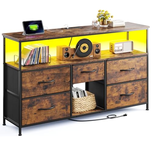 For 50" Tv With Power Outlets & Led Light, Entertainment Center With Storage 5 Fabric Drawers Dressers With Extra Wooden Shelf Tv Stand For Bedroom, Living Room,rustic Brown