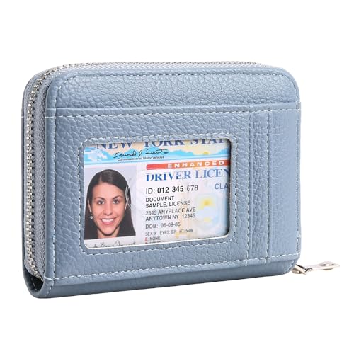 GOIACII Womens Credit Card Holder Wallet Zip RFID Blocking Card Case Wallets Compact Size with ID Window Blue