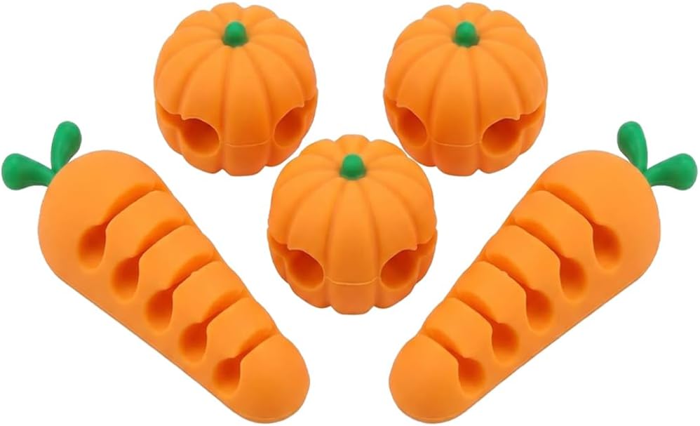 3 Pack Pumpkin + 2 Pack Carrot Cable Organizer Set, Adhesive Cord Holder for Desk, Home Office, Car, Nightstand, Cute Data Line Keeper for Charger USB Headphone Cords
