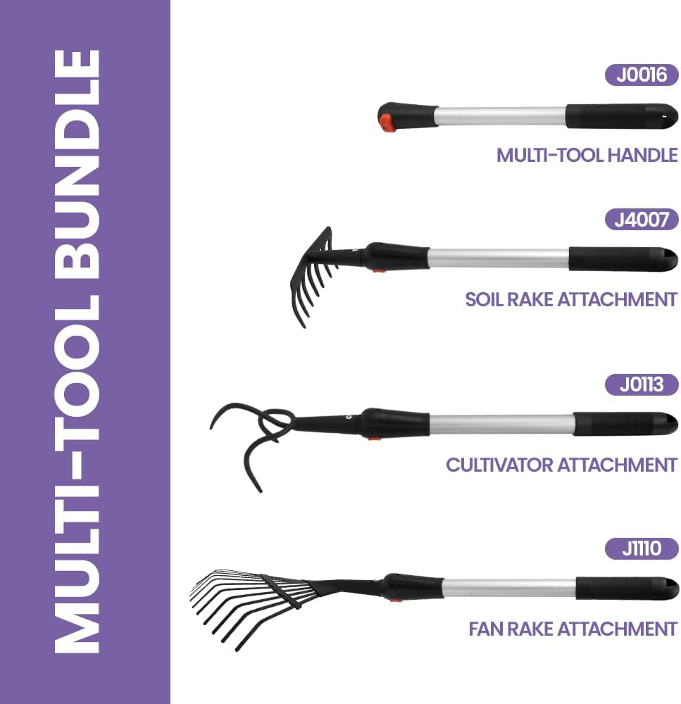 Zenport J0016-K1 Garden Multi Tool Bundle Includes Handle, Cultivator 2 Rakes