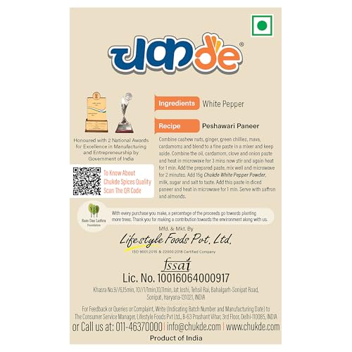Image of Chukde - Safed Mirch Powder - White Pepper Powder - Aromatic Spice for Cooking - Authentic To Enhance Flavor of Dishes - Perfect for Soups, Sauces, and Seasoning - 100 Gm