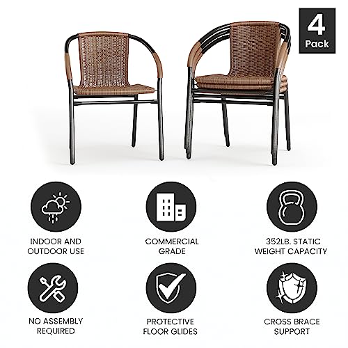 Image of Flash Furniture Lila Modern Rattan Indoor /Outdoor Stackable Dining Chairs, Stacking Rattan Bistro Chairs for Patio or Restaurant, Set of 4, Brown