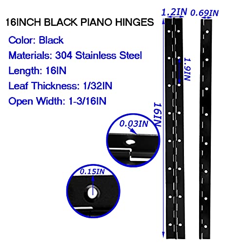 16Inch Black Continuous & Piano Hinges, 4Pcs Stainless Steel Continuous Hinge With Holes, Heavy Duty Polished Stainless Piano Hinges For Boat Cabinets Storage Box, 0.04" Leaf Thickness 1.2”Open Width #TOP1