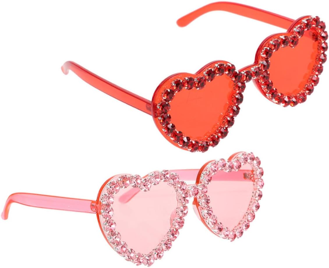 2pcs Heart Shaped Sunglasses for Women with Red and Pink Jewels, Trendy Fashion Eyewear for Beach, Wedding, Party, UV Protection Summer Glasses