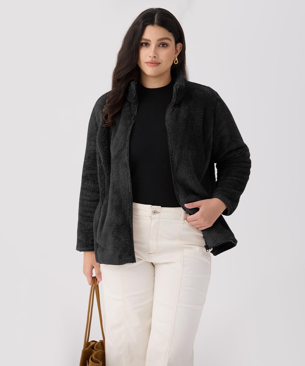 CARCOS Plus Size Fuzzy Jacket for Women Full Zip Up Fleece Coat Long Sleeve Fall Winter Sherpa Outerwear with Pockets - Image 2