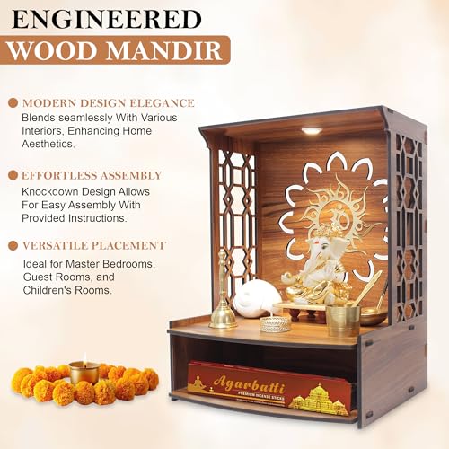 Image of GLUN Beautiful Wooden Pooja Mandir for Home | Wall Mounted Puja Temple with LED Light | Compact Prayer Stand for Office & Apartment Size 15x11x11 Inch