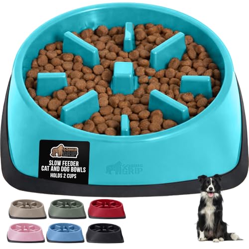 GORILLA GRIP Patented BPA Free Slow Feeder Dog Bowls, Interactive Puzzle Toy for Dogs and Cats Food Training Enrichment, Keeps Pets Busy and Prevents Puppy Overeating, All Breeds, 2 Cup, Turquoise
