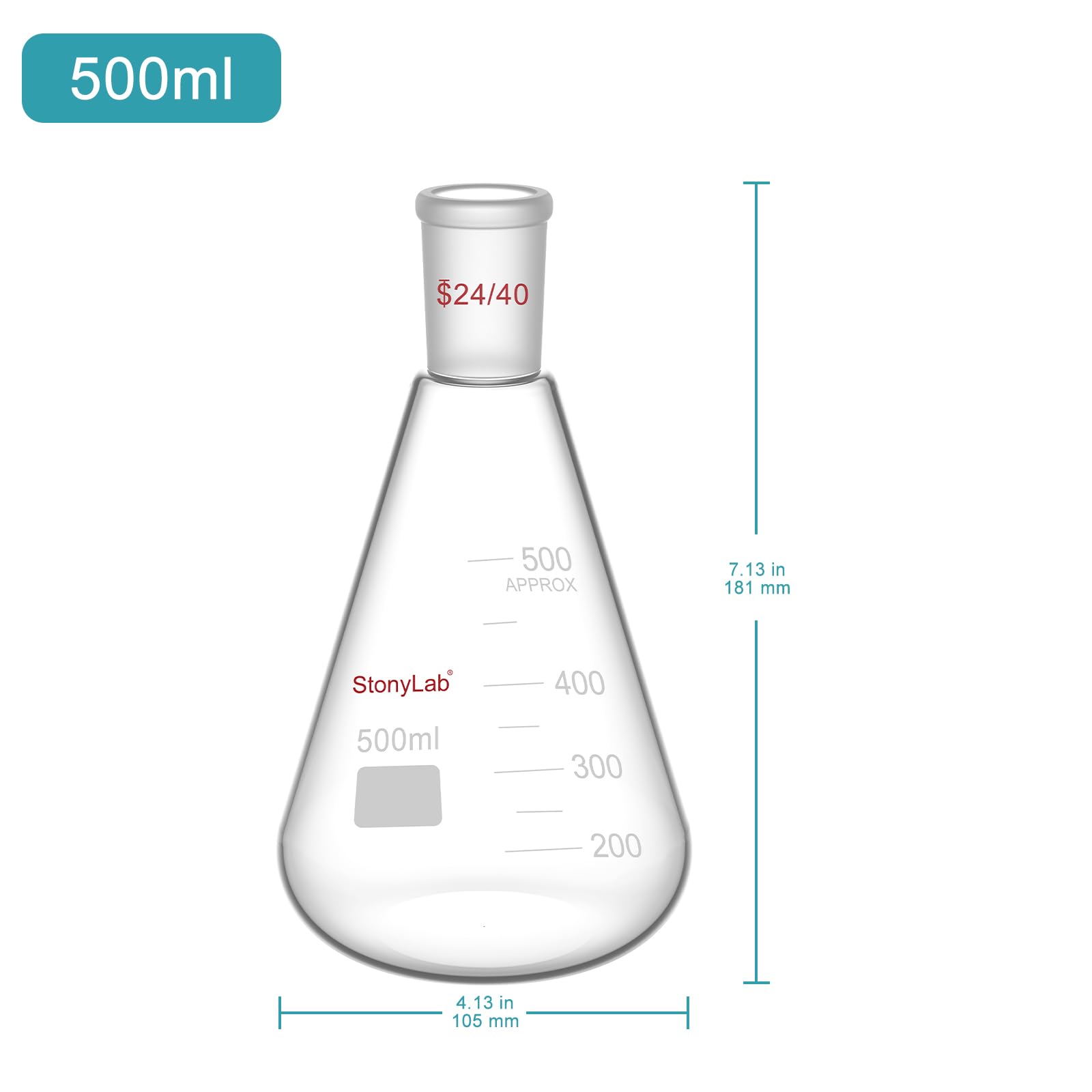 stonylab 24/40 Erlenmeyerkolben aus Glas, Borosilikatglas Schwere Wand Flasche, Labor Kolben Erlenmeyer Flask mit 24/40 Standard-Kegelgelenk - 500ml