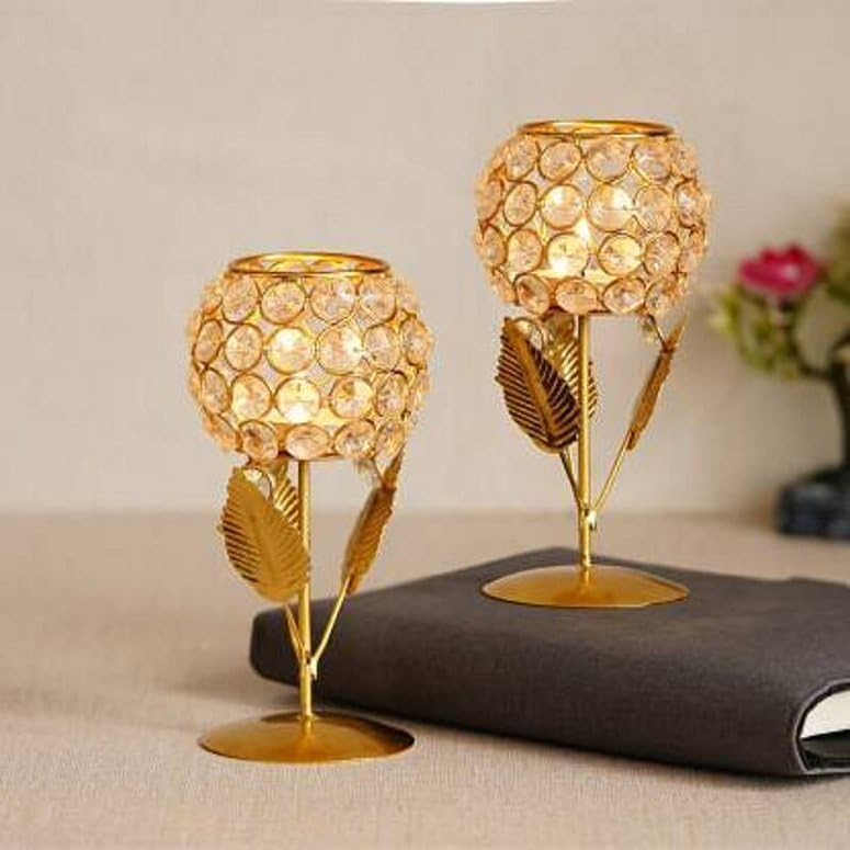 Crystal Candle Holder Tea Light Stand Votive Living Room- Decorative Tealight Holders for Home Office Bedroom Indoor Garden Dining Centerpiece Decoration Holi, Diwali, Gifts 7 Inch (2 PCS Pack)-image-15