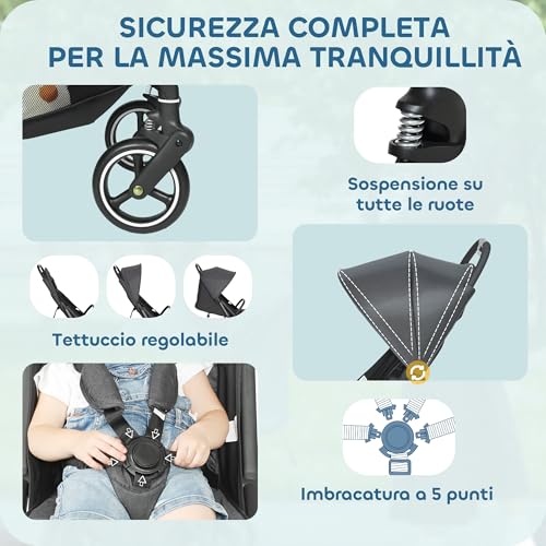 Aiyaplay Passeggino Leggero 6.3Kg Per Bambini 0-3 Anni Pieghevole Una Mano, Passeggino Compatto Reclinabile Con Cappottina E Poggiapiedi Regolabile, Ruote E Cesto Portaoggetti, Fino A 15 Kg, Grigio - 6