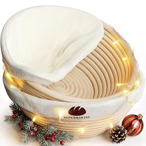 Superbaking - Superbaking Banneton Bread Proofing Basket Set of 2, 9" Splinter-Free Round Rattan Bread Basket with Liners, Sourdough Starter Kit, Sourdough Bread Baking Supplies & Sourdough Kit, Bread Making Tools