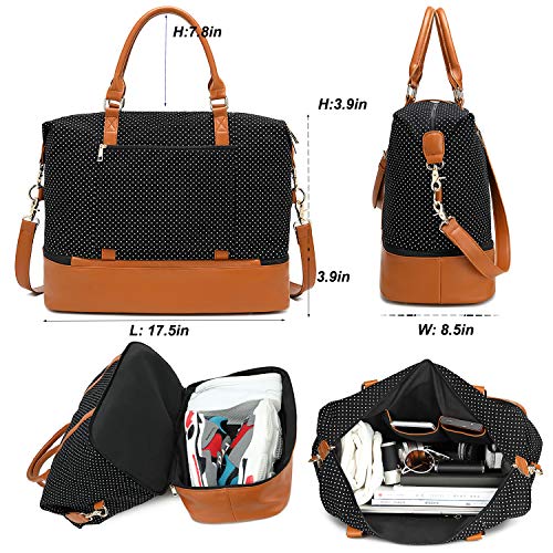Womens Travel Weekend Bag Canvas Overnight Carry on Shoulder Duffel Beach Tote Bag (Black polka dot with shoe compartment)