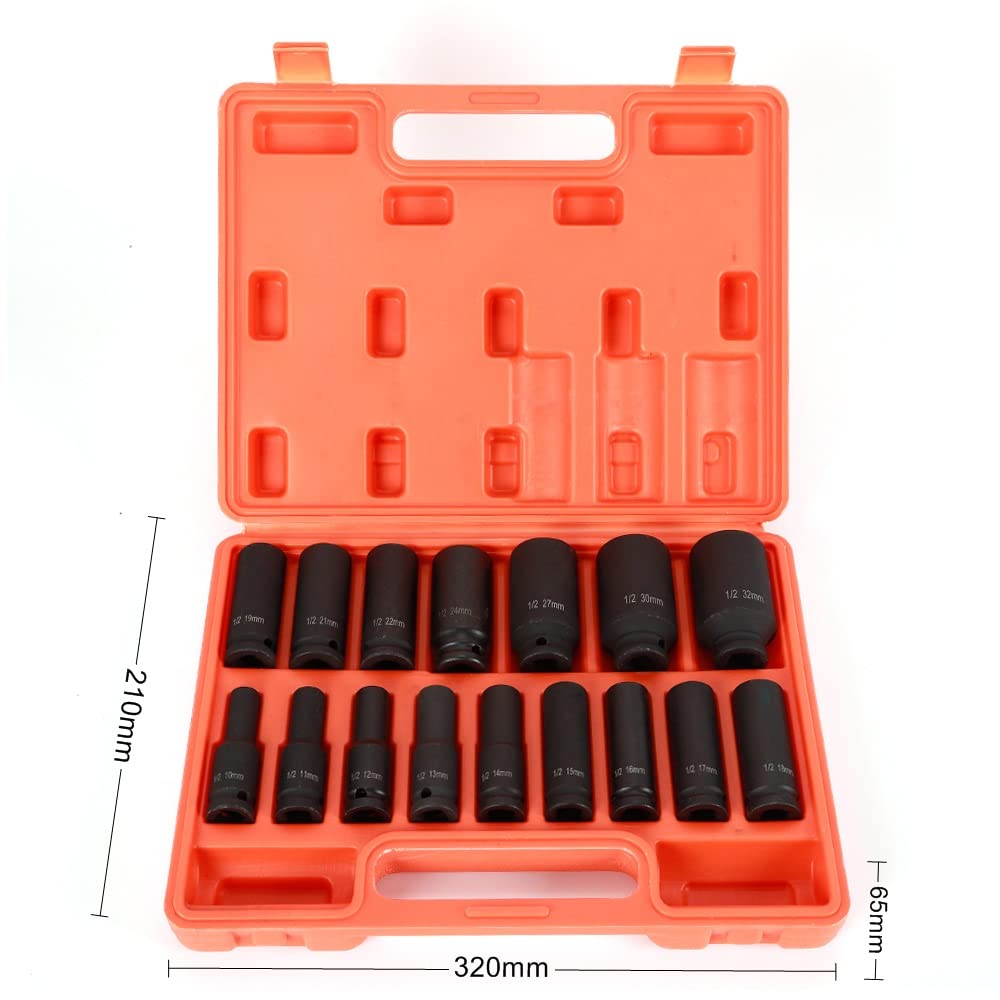 Set di 16 dadi a percussione 1/2", 10-32 mm, acciaio al cromo vanadio per avvitatore a percussione, dadi esagonali robusti con rivestimento fosfato
