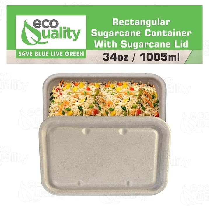 EcoQuality 34oz Disposable Bowls with Fiber Lids - Rectangular Compostable Sugarcane Fiber Biodegradable Paper Bowls Eco-Friendly Take Out Food Storage Containers, Microwave Safe, Meal Prep (50 PACK)