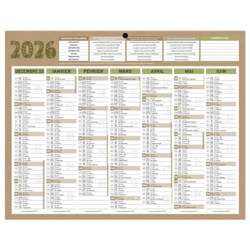 Bouchut Calendrier de banque mural 2026 Natura - 14 mois – Format : 21x26,5cm - Coloris : Blanc/Beige