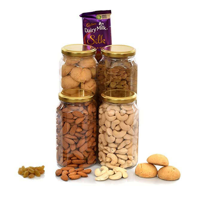Image of NUTRI MIRACLE Rakhi Dry Fruit & Nut Gifts With Rakhis For Brother N Family Including Bhai Bhabhi Pair,Cashew,Almond,Raisin,Cookies,Silk,450gm