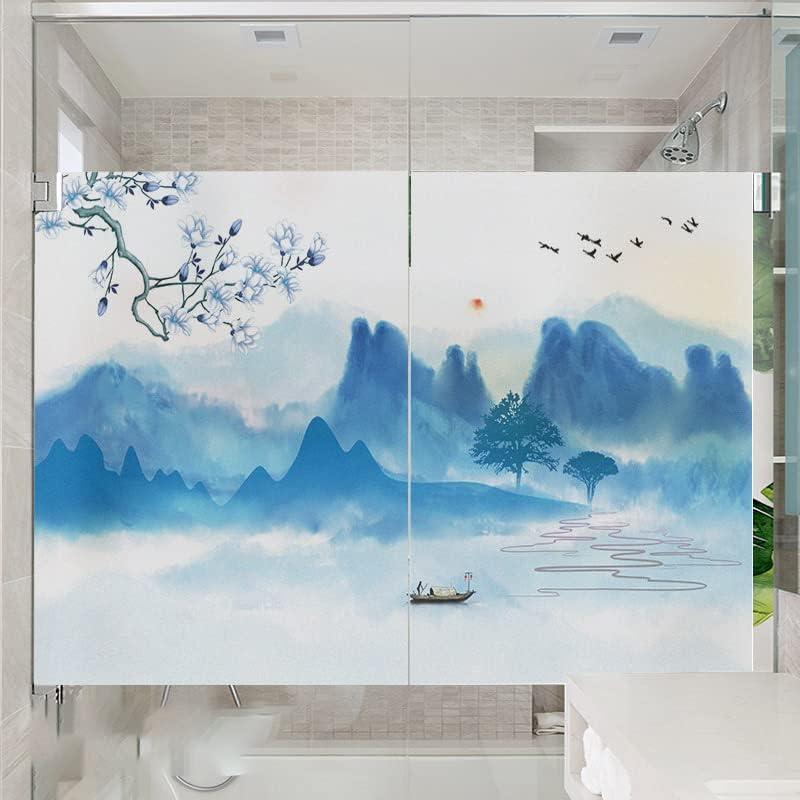 Window Privacy Film Blue Mountain Decorative Window Sticker No Glue Static Window Cling Heat Control for Home Office 17.7"x63"(45x160cm)