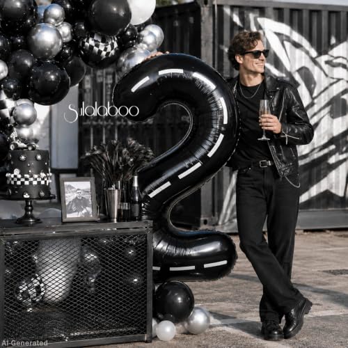 Image of Race Car 40 Inch Black 2 Big Large Helium Balloon Number 0-9 | Track Giant Digital 2nd Foil Mylar Balloons for Men Birthday Car Theme Party Anniversary Graduation Decorations