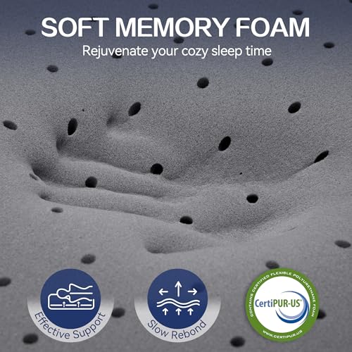 Image of SINWEEK 2 Inch Mattress Topper Queen Size, Soft Memory Foam for Back Pain Relief, Breathable Bed Topper with Grey Cover, CertiPUR-US Certified