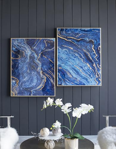 Set of 2 Blue and Gold Framed Art Panels, Unique Marbled Design, 30.5