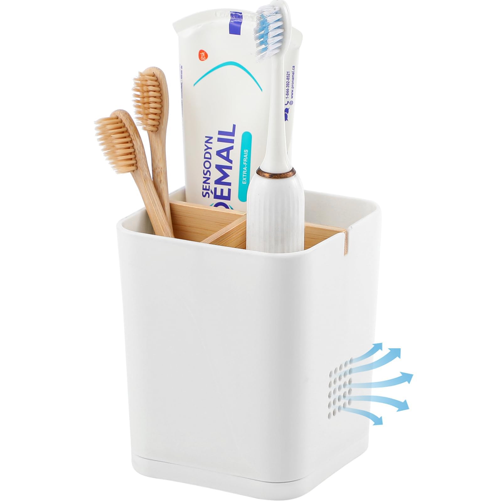 Electric Toothbrush Holder 3 Slots Tooth Brushing Holder with Bamboo Dividers for Bathrooms, Plastic Toothbrush and Toothpaste Organizer for Shower, Countertop, Vanity, White