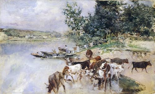 Tableaux Sur Toile Abreuvement du bétail sur la Seine, décoration murale 60x90cm
