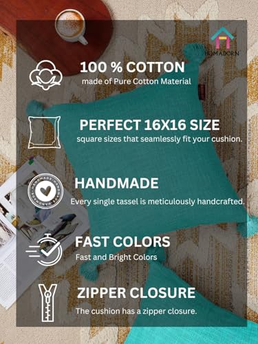 Image of HOMADORN Luxury Cotton Handmade Decorative Boho Throw Pillow Covers with Tassels for Sofa Couch Living Room Indoor Outdoor Chair Car Farmhouse (16X16 INCHES (Square), Turquoise (Pack of 2))