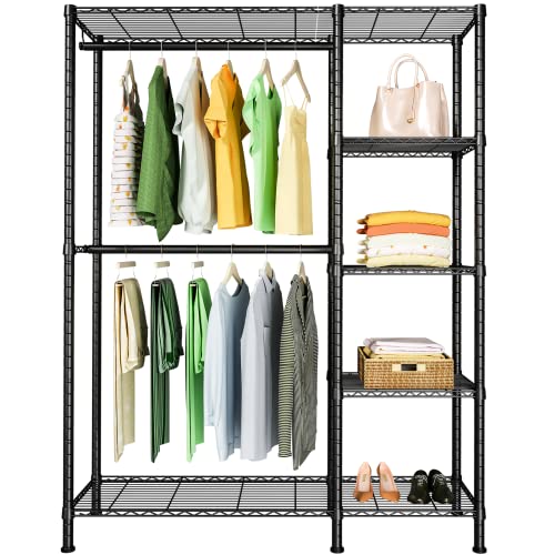 Ulif Closet Garment Rack, 5 Tiers Heavy Duty Clothes Storage Organizer For Bedroom, Free-Standing And Height Adjustable Closet Organizer And Storage With 2 Hanger Rods, 44.8”L X 14.5”D X 79.3”H, Black #TOP10