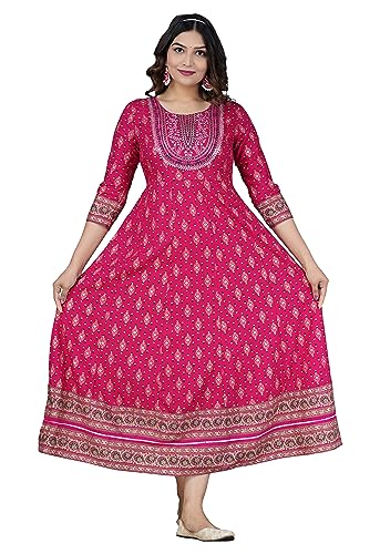Image of Women's Rayon Embroidered Anarkali Kurti | Elegant Blue & Pink Long Kurti for Women | Premium Ethnic Wear for Diwali & Wedding | Stylish Comfortable Festive Outfit in Floral Design