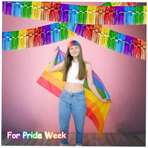 Image of 4 Pack 39Ft Feet Colorful Foil Fringe Garland Rainbow Tinsel Streamers Banner Fringe Curtain Banner for Parade Floats Graduation Homecoming Carnival Birthday Pride Party Decor (Rainbow)