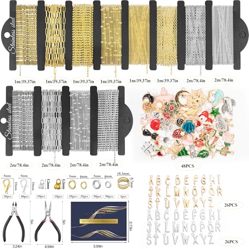 59FT 18K Gold Chains Kit for Jewelry Making 12Rolls 18K Gold Plated Jewelry Chains and Stainless Steel Necklace Chains with Charm/Pliers/Jump Rings/Lobster Clasps Accessories for DIY Necklace Bracelet