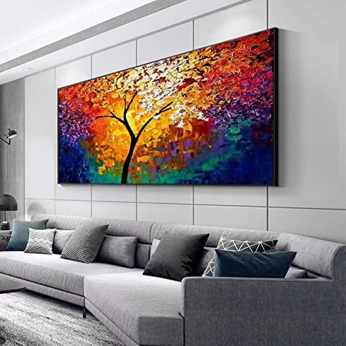 Tableau Arbre de Vie Coloré Rouge et Bleu - Toile Moderne Salon 80x160cm Sans Cadre