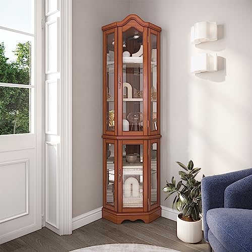 BELLEZE Lighted 3-Side Glass Display Curio Cabinet w/Tempered Glass Doors and Shelves, Curved Wood Corner Cabinet with Bulb, Corner Storage Rack for L