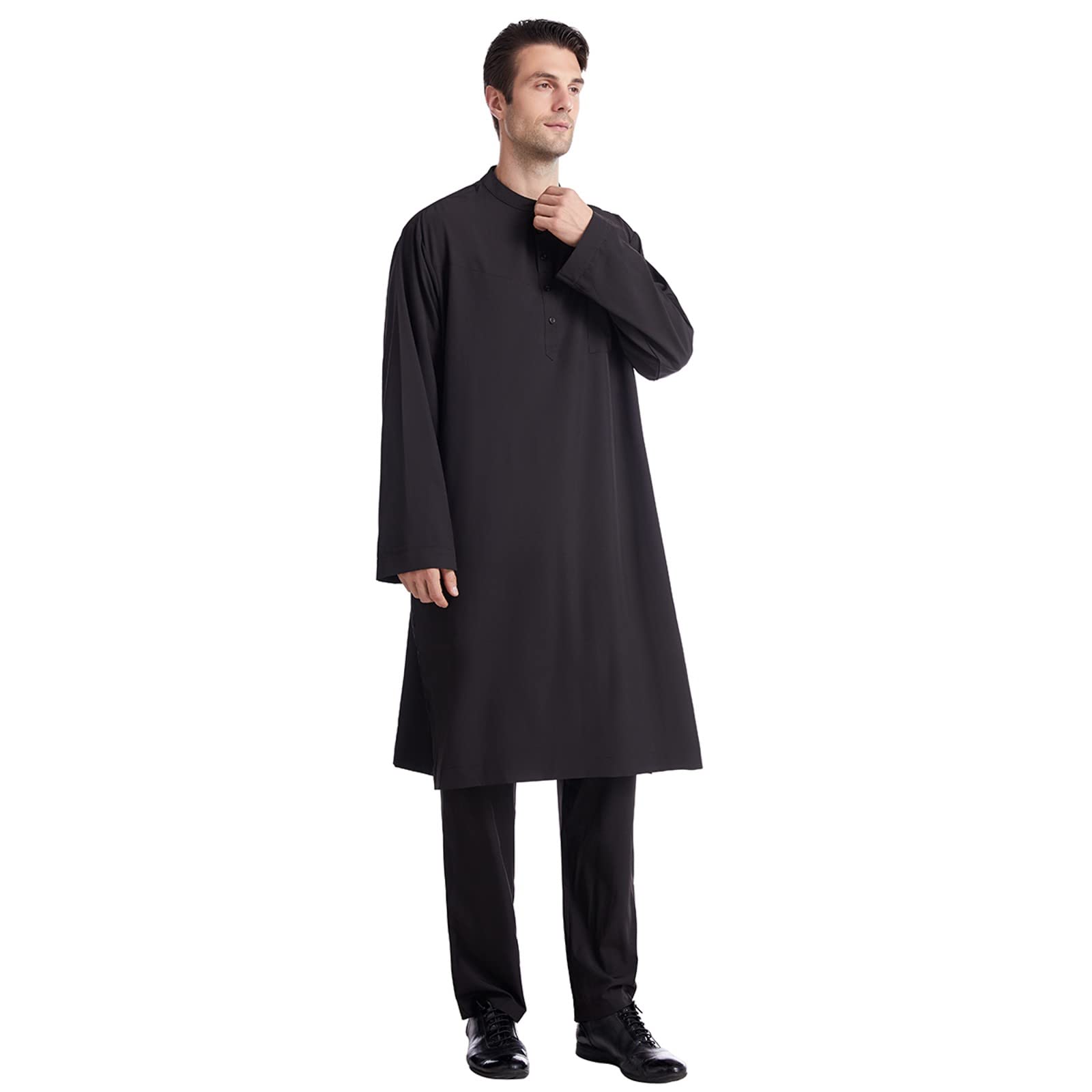 Męska piżama kurta, islamski strój z długim rękawem, jednokolorowy design i kieszeń na piersi, tradycyjna muzułmańska odzież z pasującymi spodniami, idealna do modlitwy, ramadanu, Eid, codziennego