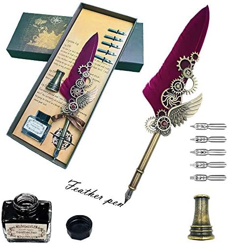 KYLLOG Antique Quill Feather Set,Steampunk Calligraphy Pen Set,Vintage Feather Dip Ink Pen,Antique Feather Dip Pen Set Handmade Quill Pen As Valentine's Day Set (Wine Red)…